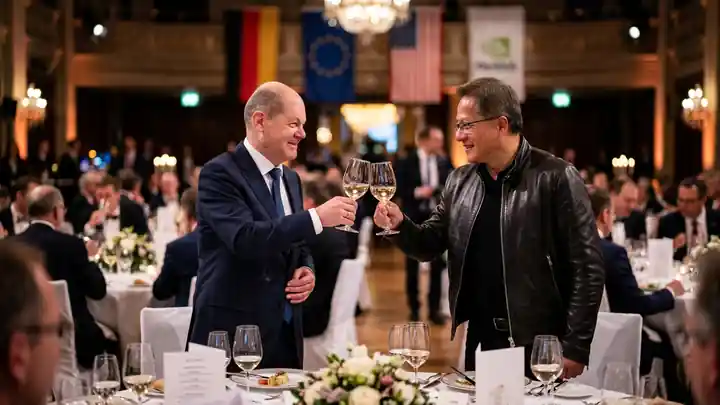 German chancellor and Nvidia CEO toast at the Merz AI summit in Berlin