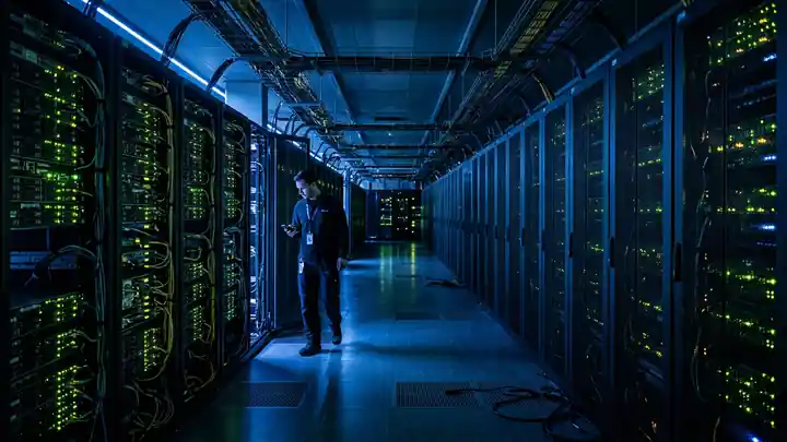 Data centre server corridor during Google Cloud outage that hit UK banks