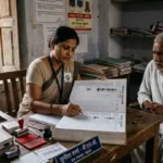 Officer checking India voter list SIR registers in a village office