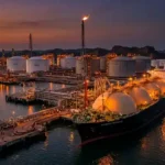 LNG tanker at an Indonesian gas export terminal at dusk