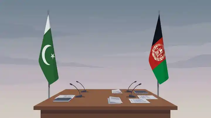 Pakistan and Afghanistan flags over a diplomatic table, editorial illustration