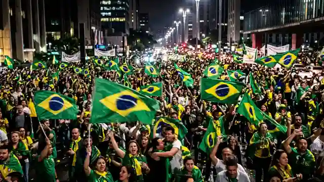 Supporters celebrating Lula election win with Brazilian flags in Sao Paulo