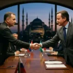 Delegates shaking hands at the Makkah defence agreement signing ceremony