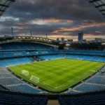 Manchester stadium at dusk amid Man City points deduction reports