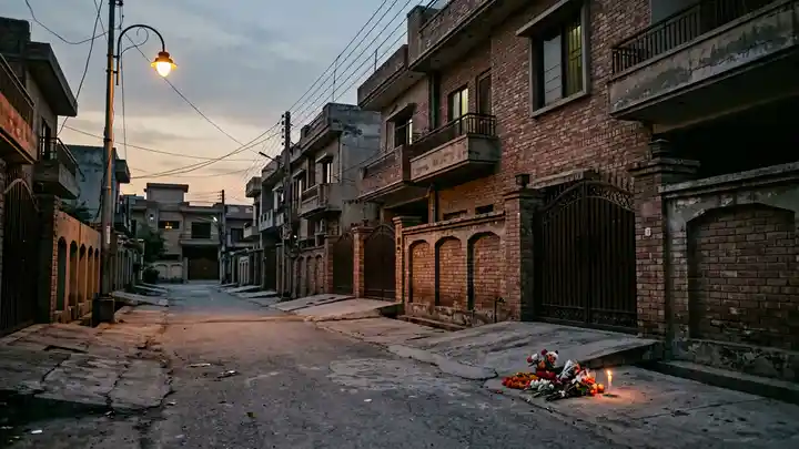 Empty street in a Multan housing society at dusk with a small memorial on the roadside