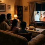 Family watching a Pakistani TV drama together in a cozy living room at night