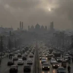Pakistani city skyline under thick smog with hazy sun and traffic silhouettes