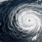Satellite view of Typhoon Rosal spinning east of the Philippines