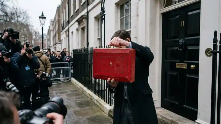 UK Budget 2026 red dispatch box outside 11 Downing Street